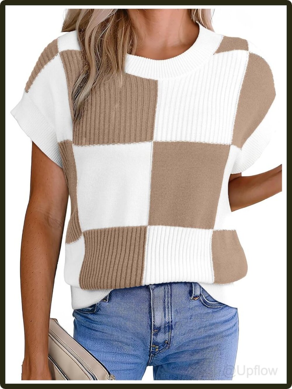 Women's Short Sleeve Crew Neck Checkered Knit Sweater Vest Pullover Top